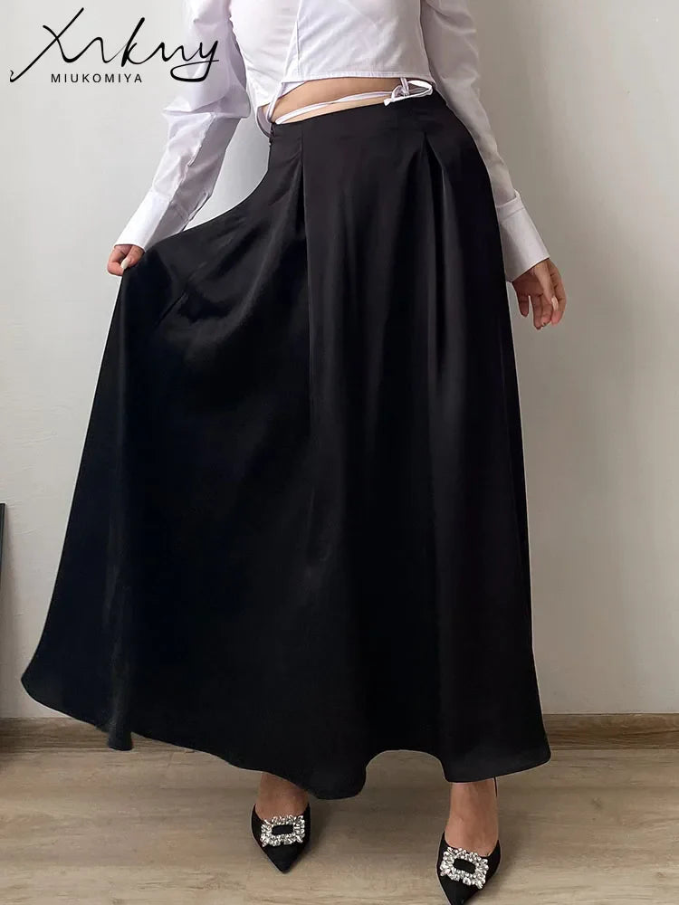 MiuKoMiYa Black A Line Long Skirts For Women Satin Summer Solid Silk Maxi Skirts Ladies Office Elegant Women Beige Skirt 2024