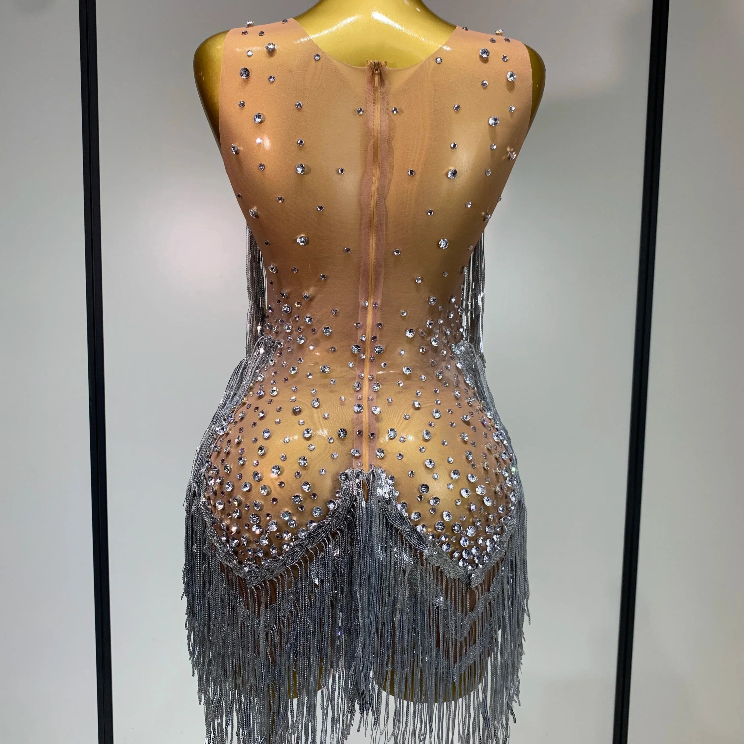 Luxury Rhinestones Tassels Mini Dress Suit Women Sexy See Through Mesh Birthday Party Club Dresses Performance Stage Outfit