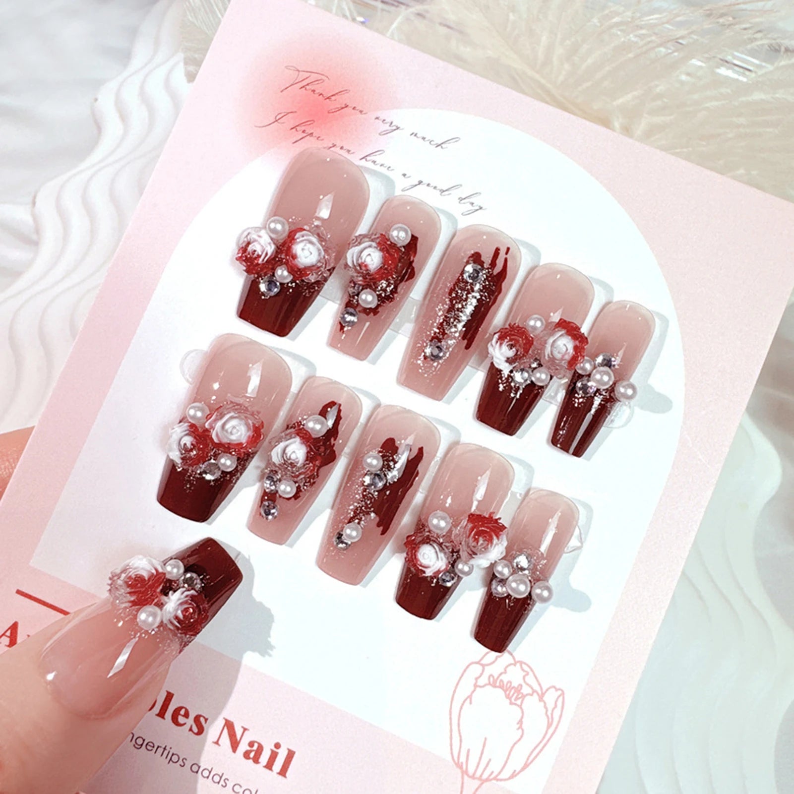 Red Tip False Nails With 3D Flower Decor Lightweight And Easy To Stick Fake Nail For Daily And Parties Wearing Portable Nail Art