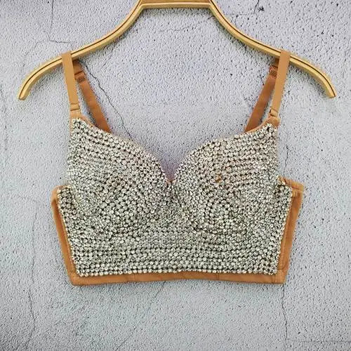 Rhinestone Bead Bustier Corset Pearls Diamond Push Up Night Club Bralette Women's New Fashion Bra Cropped Tops Plus Size Apricot