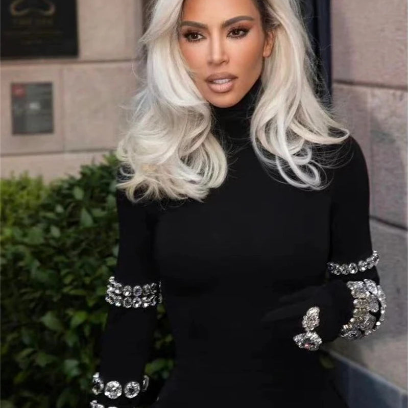 New Arrival Shining Diamonds Sleeve Black Bodycom Bandage Jumpsuit Fashion Woman Party Outfit Nightclub Performance Costume