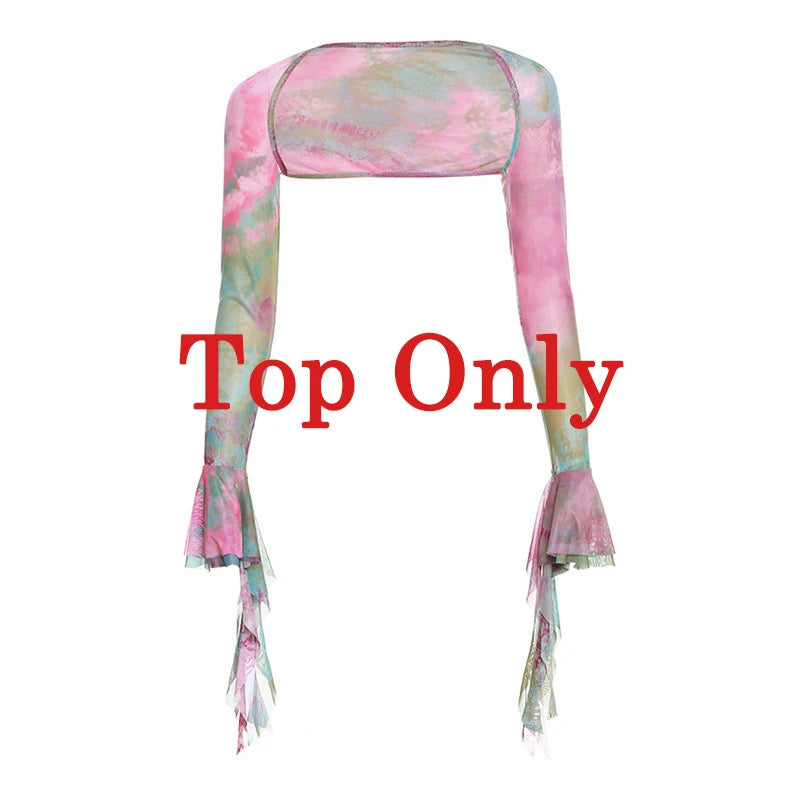 Zenaide Fall Mesh Butterfly Women 3 Piece Set Bandage Cami+Irregular Skirt+Fairy Festival Crop Top Tie Dye Rave Party Outfit Y2K Green Top Only