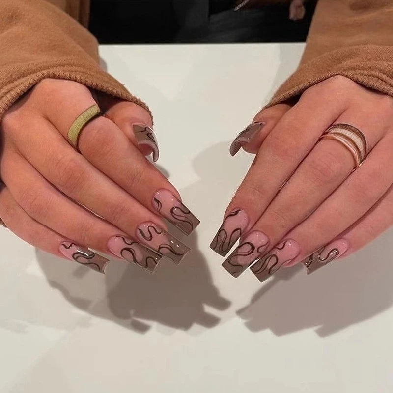 24Pcs Brown Smudging Press on Nails Retro Mid-length Coffin Detachable Nail Art with Jelly Glue French False Nail Tips for Women