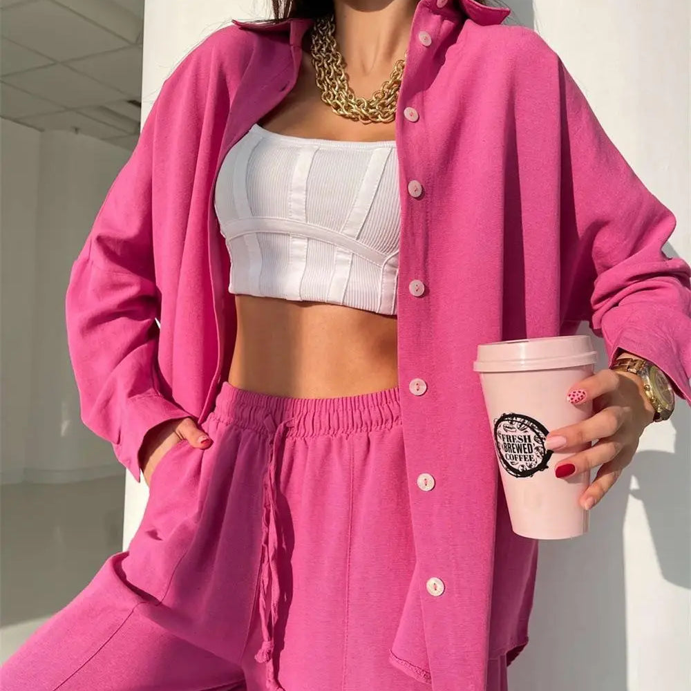 Women's Summer Suit with Pants Summer Loose Wide Leg Trousers Elegant Two Piece Suit Set for Women Buttons T-shirts Outifit
