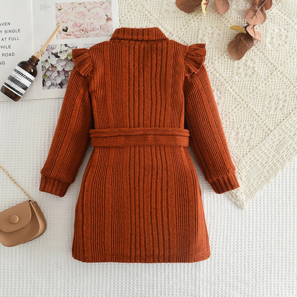 Girls' Woolen Dress New Children's Autumn Winter New High Neck Flying Sleeve Lace up Knitted Long Sleeve Dress