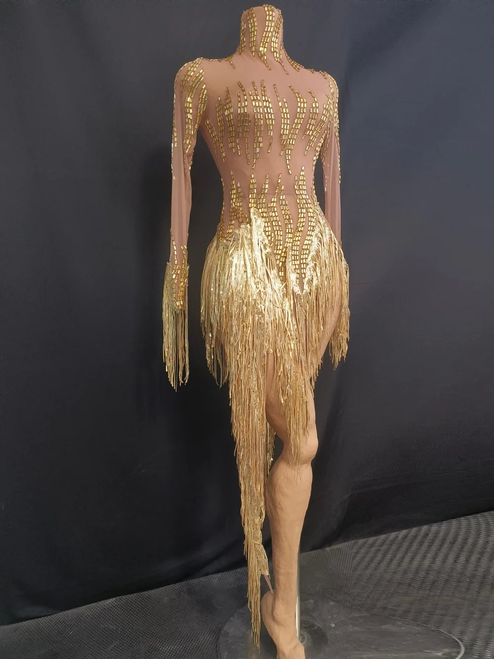 Women Sexy Mesh Gold Crystal Stretchy Night Club See Through Singer Dancer Tassel Stage Costume Mini Party Dress