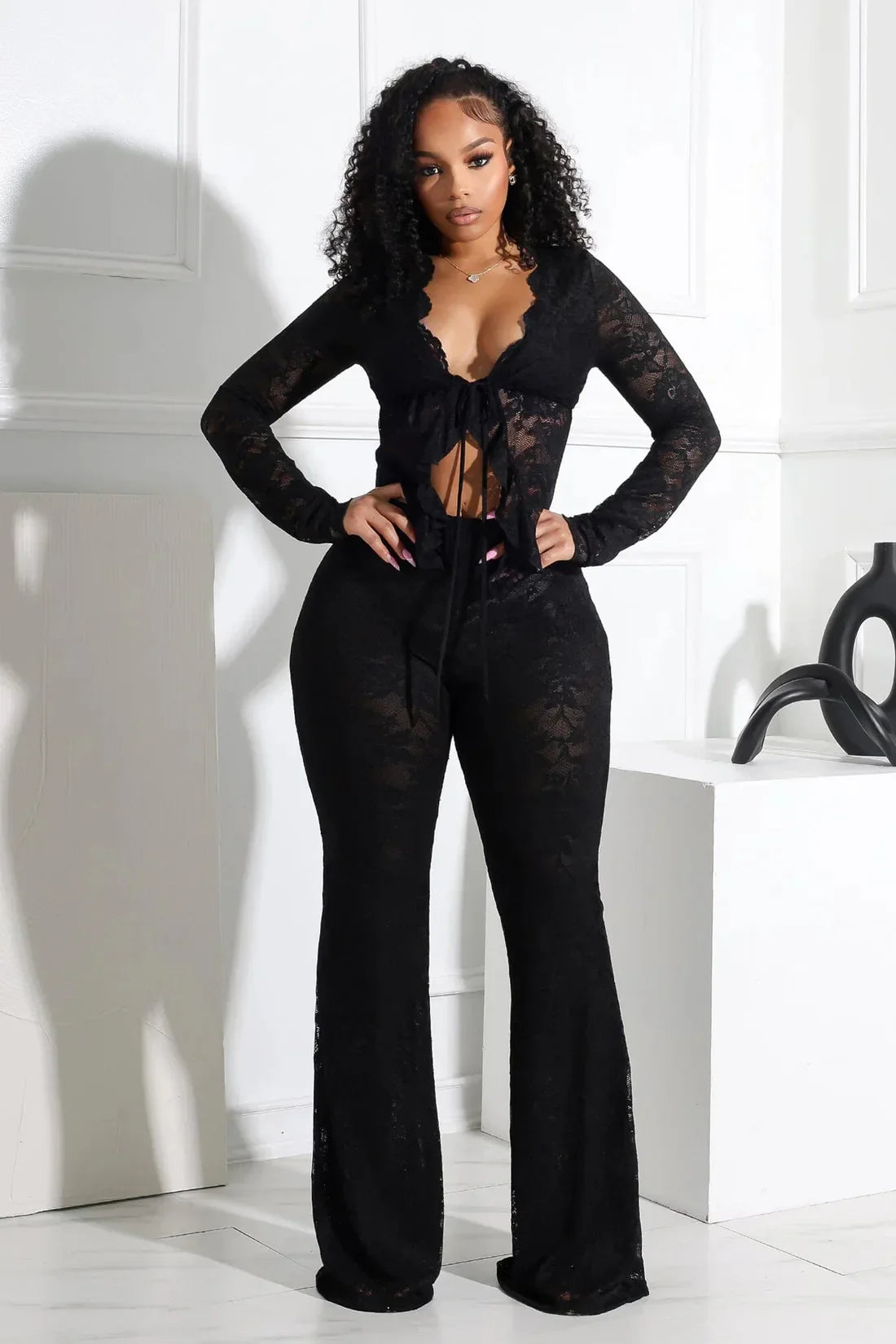 CM.YAYA 2025 Women's Set Long Sleeve Lace See Through Shirt + Long Pants Street Evening Sexy Two 2Piece Sets Outfits Tracksuit Black