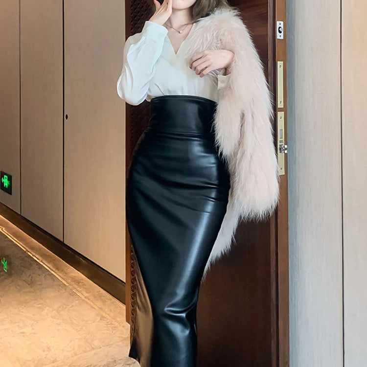 Lautaro Spring Midi Black Soft Pu Leather Pencil Skirt Women with Back Slit Belt High Waist Long Office Skirts Fashion 2022