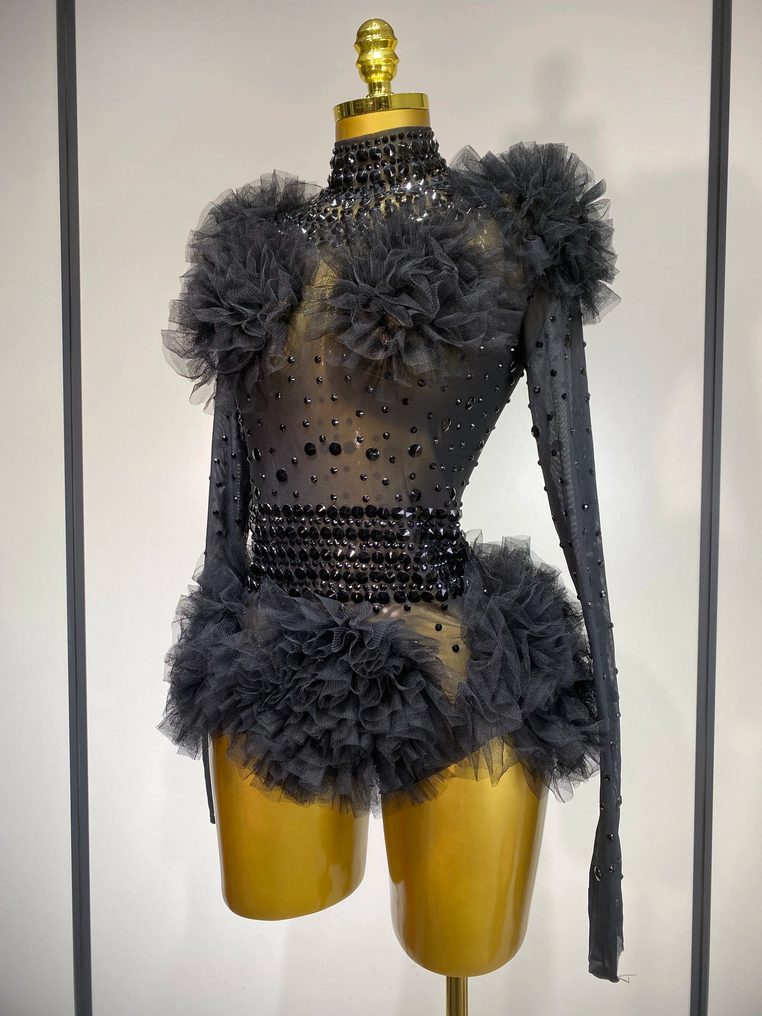 Sexy See Through Luxury Rhinestone Bodysuit Women Sexy Bodycon Mesh Ruffles Performance Dance Singer Nightclub Stage Outfit