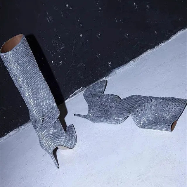 Rhinestone Women's High Boots Pointed Toe Slip-on Long Boots Women Boots High Heels Sexy Stiletto Ladies Party Shoes