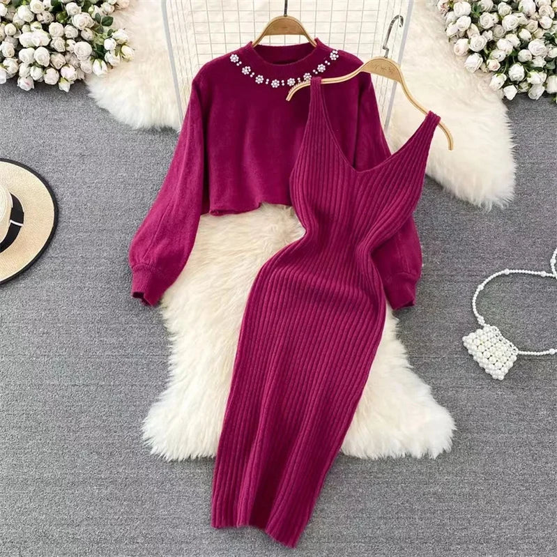 Korean Fashion Knitted Dress Sets Women Elegant Long Sleeve Pearl Sweater+Knitted Camis Dress Sets Sweater Casual Pullovers Suit