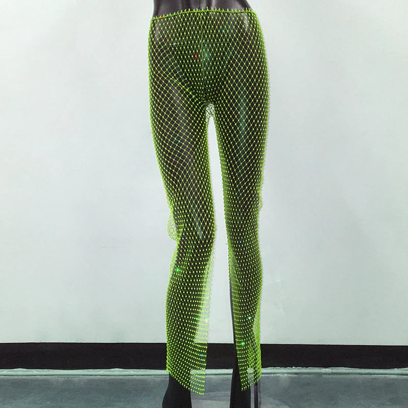 Bling Rhinestone See Through Fishnet Trousers For Women Sexy Mesh Hollow Out Side Split Long Bottoms Pants Club Party Trousers Green One Size