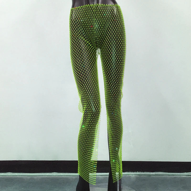 Bling Rhinestone See Through Fishnet Trousers For Women Sexy Mesh Hollow Out Side Split Long Bottoms Pants Club Party Trousers Green One Size