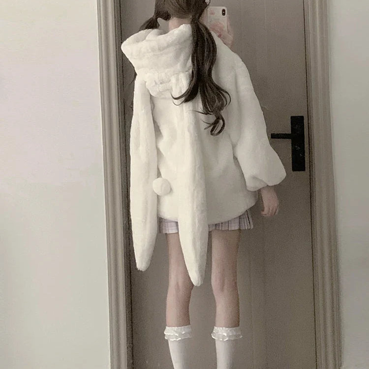 Winter Oversized Warm White Faux Fur Coat Women ith Bunny Ears Kawaii Sweet Cute Japanese Style Fluffy Jacket Hoodie