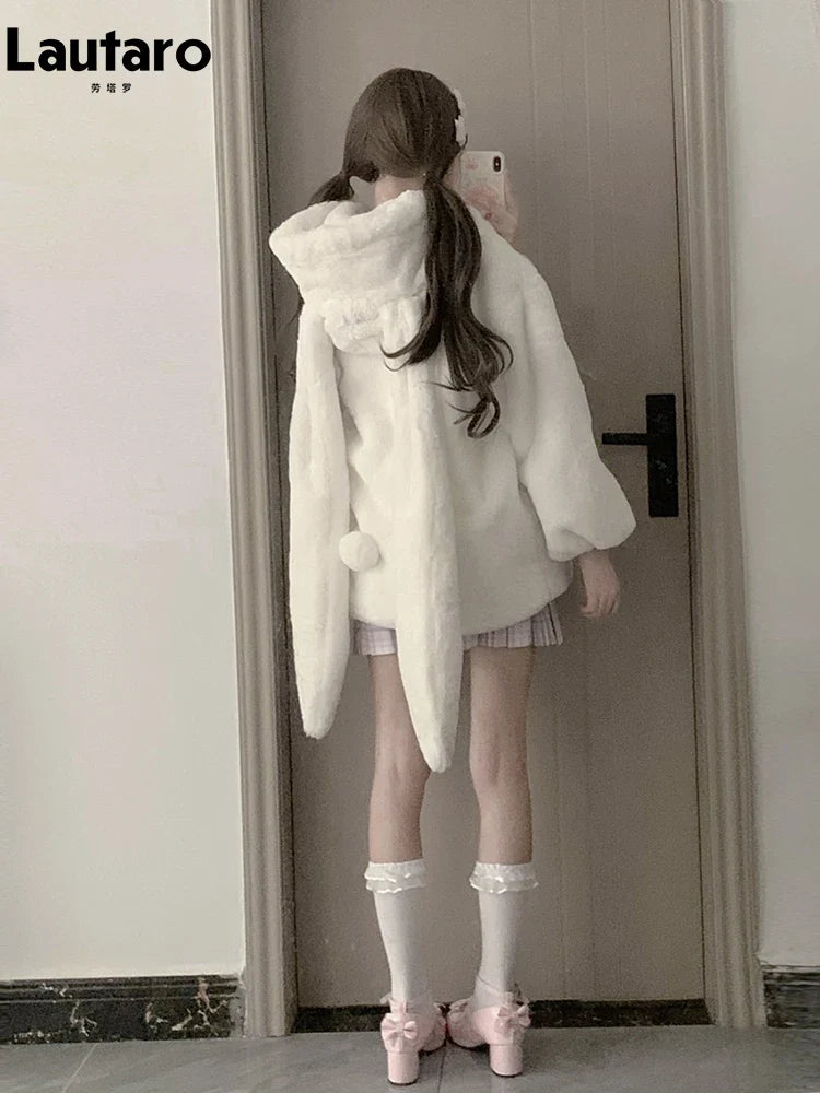 Winter Oversized Warm White Faux Fur Coat Women ith Bunny Ears Kawaii Sweet Cute Japanese Style Fluffy Jacket Hoodie