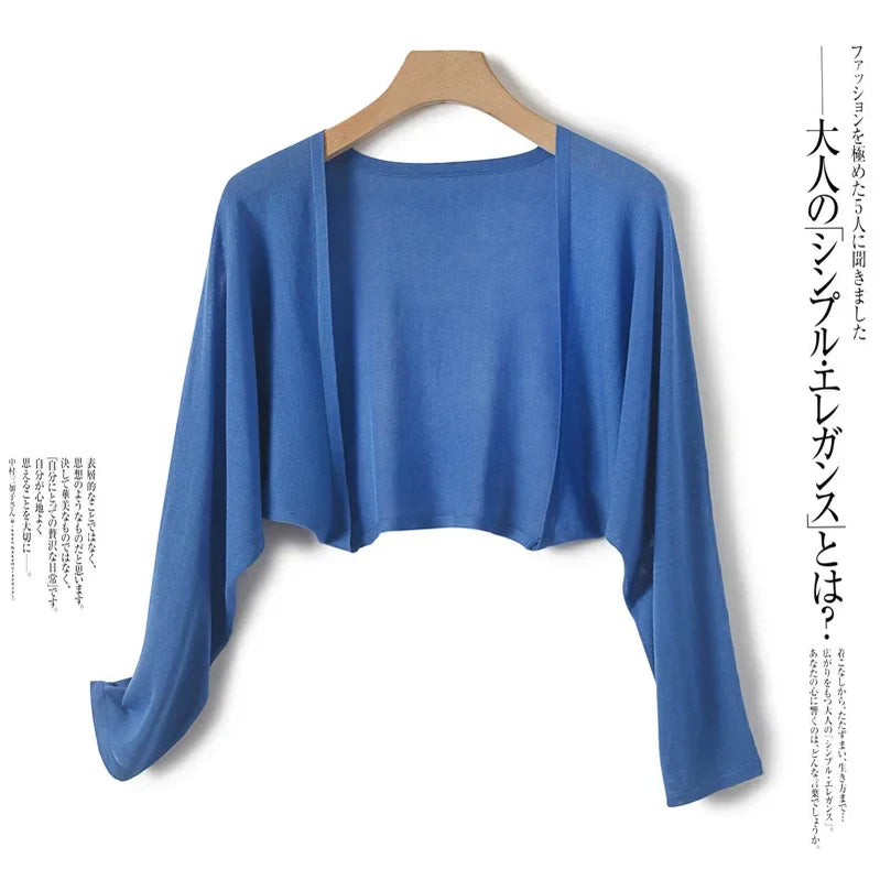 Ice Silk Sun Protection Cover Ups Women Long Sleeve Knitted Shawl Thin Summer Relax Cardigan Cape Outerwear Shirt Loose Freesize Klein Blue One Size