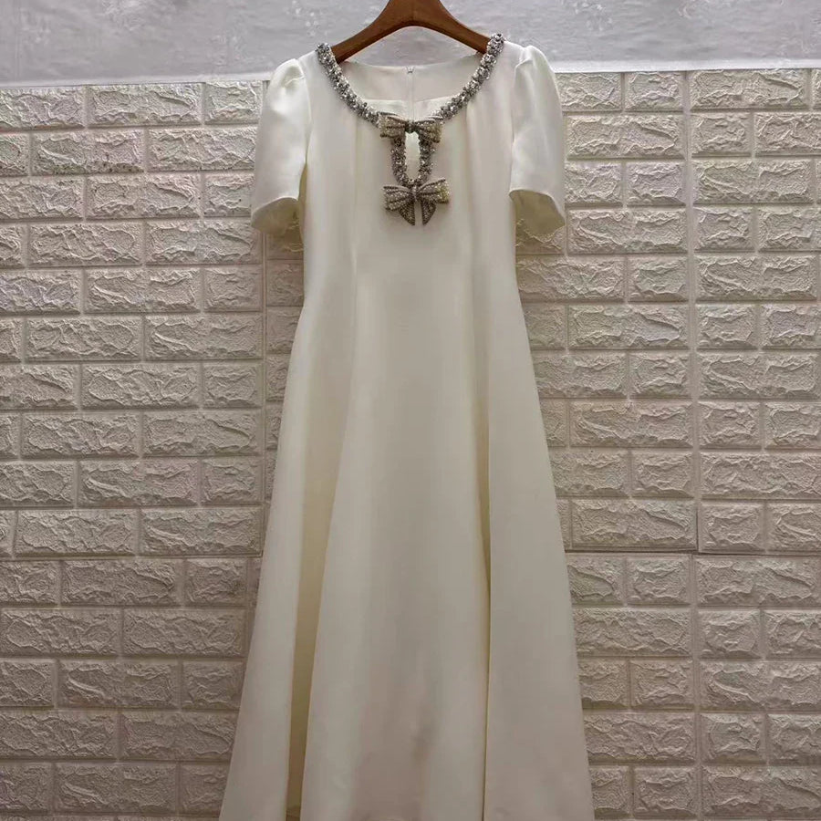 Solid Slimming Spliced Bowknot Elegant Dresses for Women Round Neck Short Sleeves Patchwork Bead Dress Female New