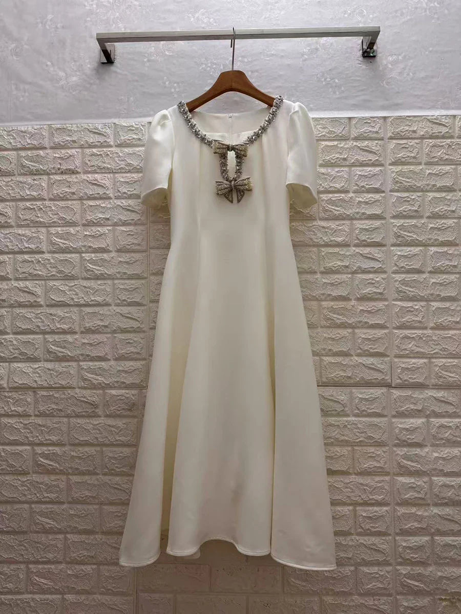 Solid Slimming Spliced Bowknot Elegant Dresses for Women Round Neck Short Sleeves Patchwork Bead Dress Female New