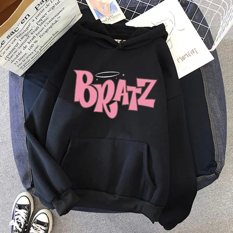 Bratz Letter Printed Plus Size Hooded Sweatshirt Men Women Hoodie Hip Hop Long Sleeve Streetwear Unisex Comfortable Clothes Tops black