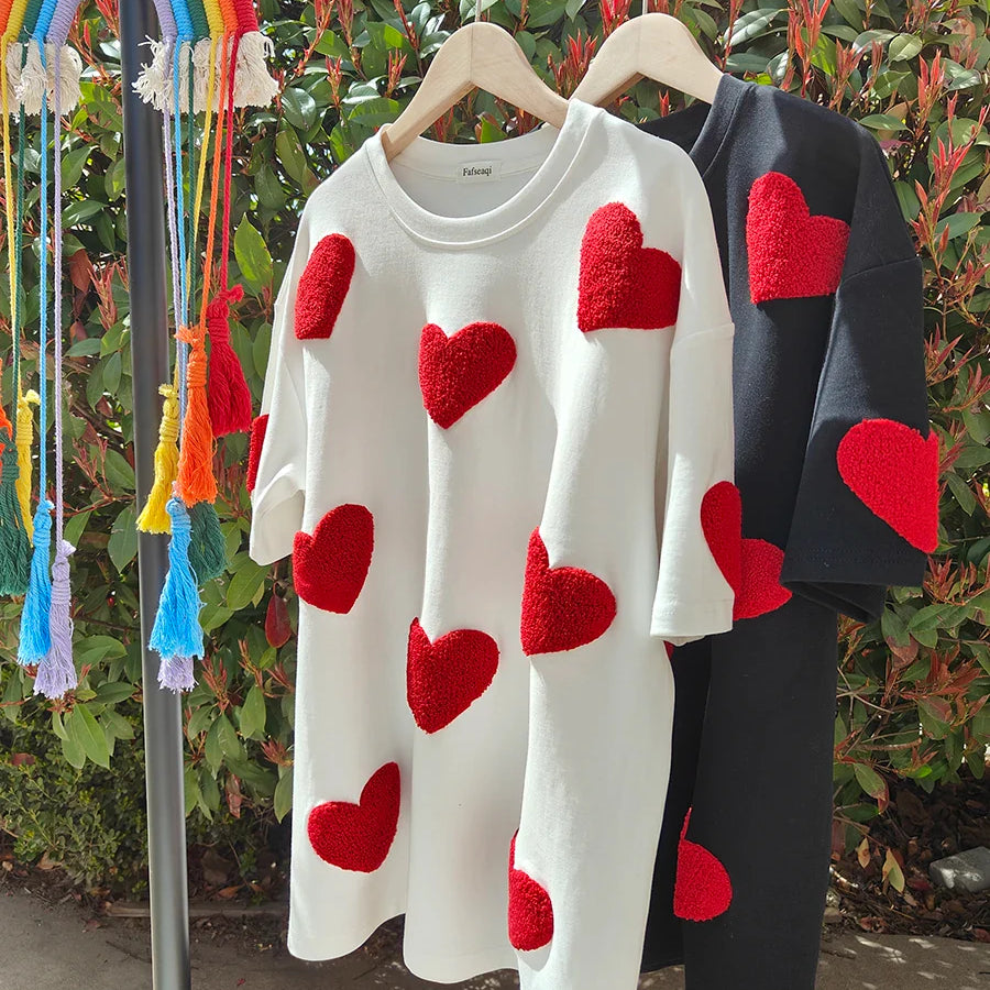 White 100% Cotton T-shirt for Women Summer Loose Oversized T-shirt with Heart Embroidery O-neck Pullovers Short Sleeve Tops