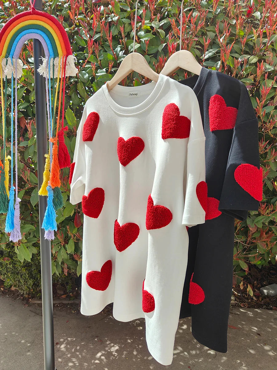 White 100% Cotton T-shirt for Women Summer Loose Oversized T-shirt with Heart Embroidery O-neck Pullovers Short Sleeve Tops