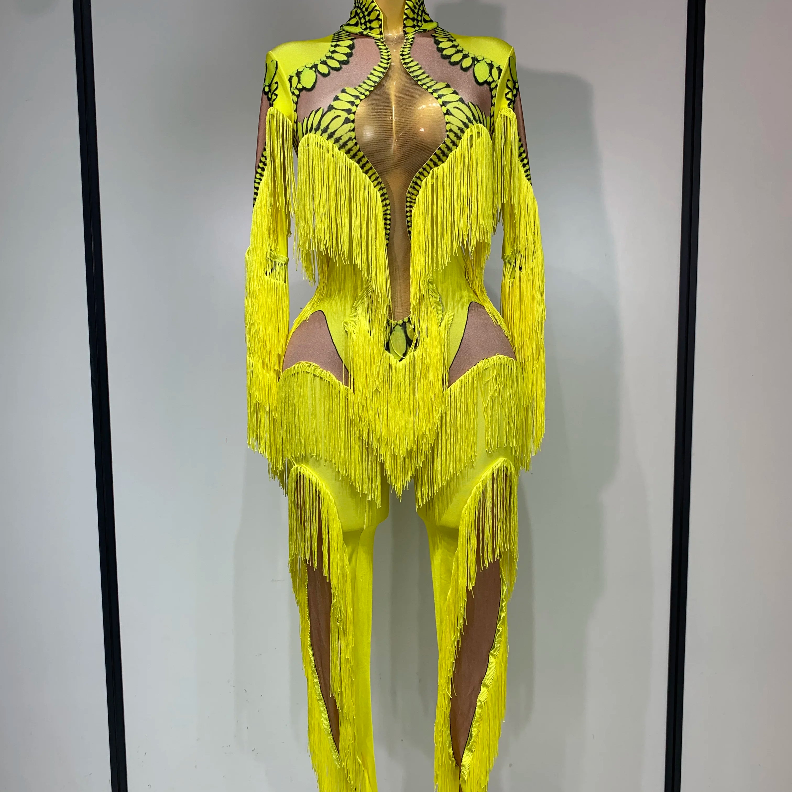 Yellow Tassel Stretch Bodycon Jumpsuit Nightclub Gogo Dance Clothing Dj Rave Outfit Nightclub Party Singer Performance Outfit