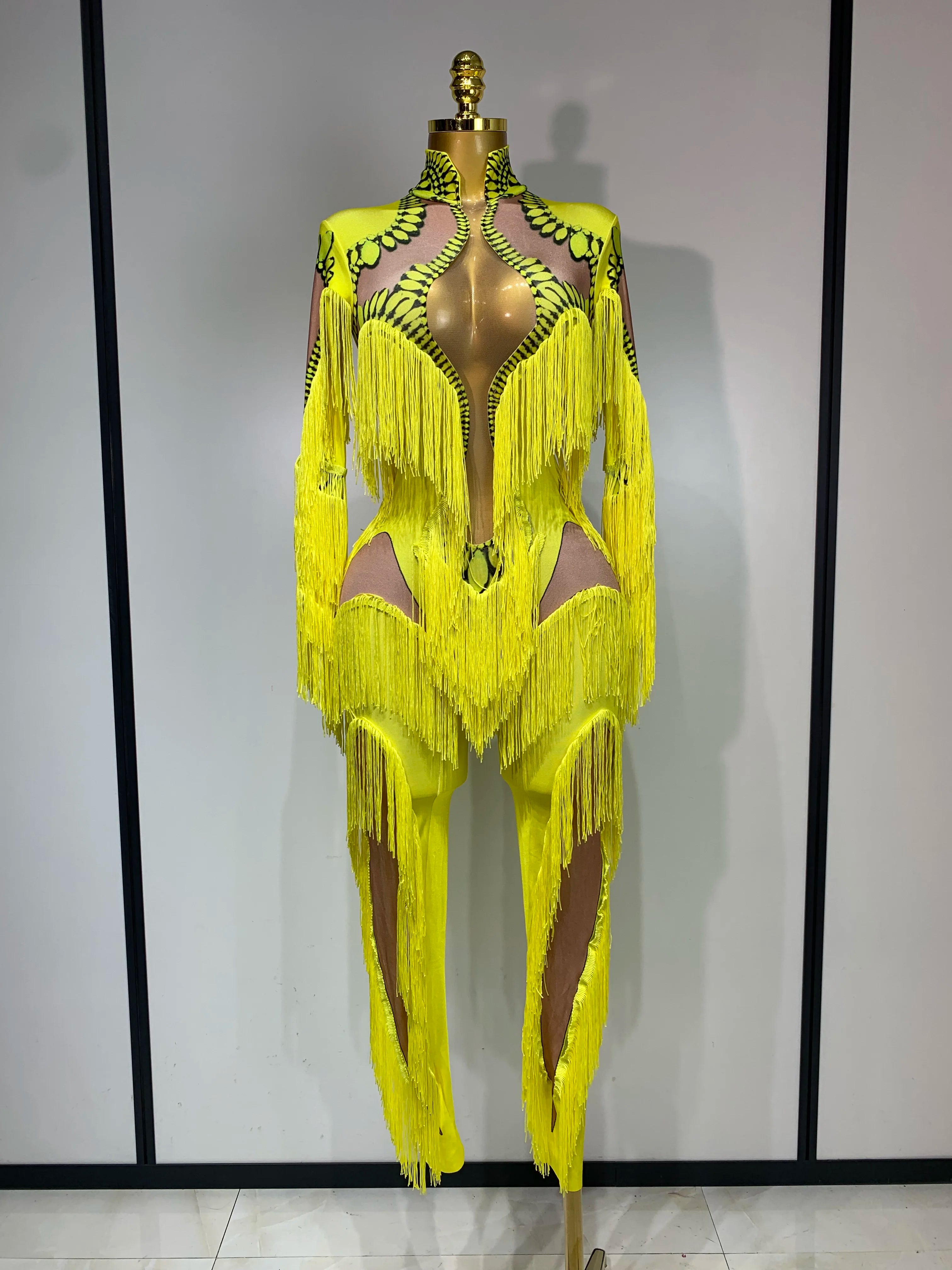Yellow Tassel Stretch Bodycon Jumpsuit Nightclub Gogo Dance Clothing Dj Rave Outfit Nightclub Party Singer Performance Outfit