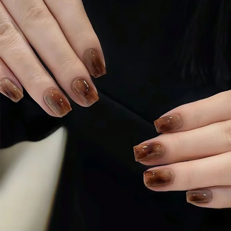 24Pcs Medium Square Fashion Black Manicure Gradient Brown with Cat's Eye Leopard Print Detachable False Nails Stickers for Women