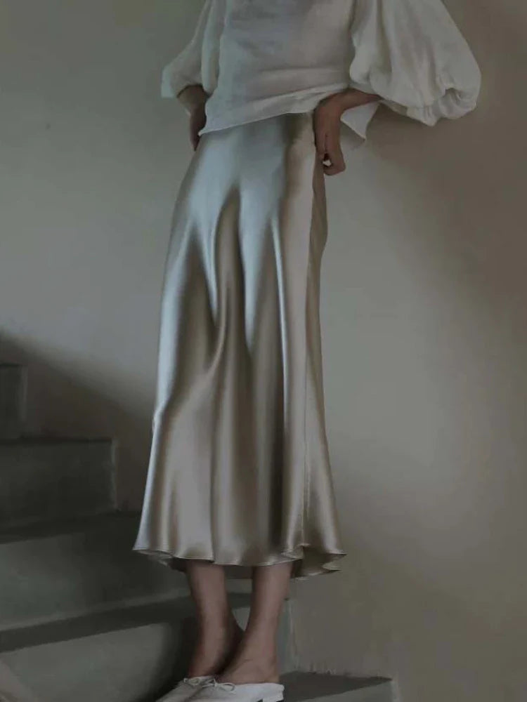 High Waisted Satin Long Skirts for Women Spring/Summer New Women's Skirt A-line Fashion Elegant Slim Fit Grey Black Skirt grey