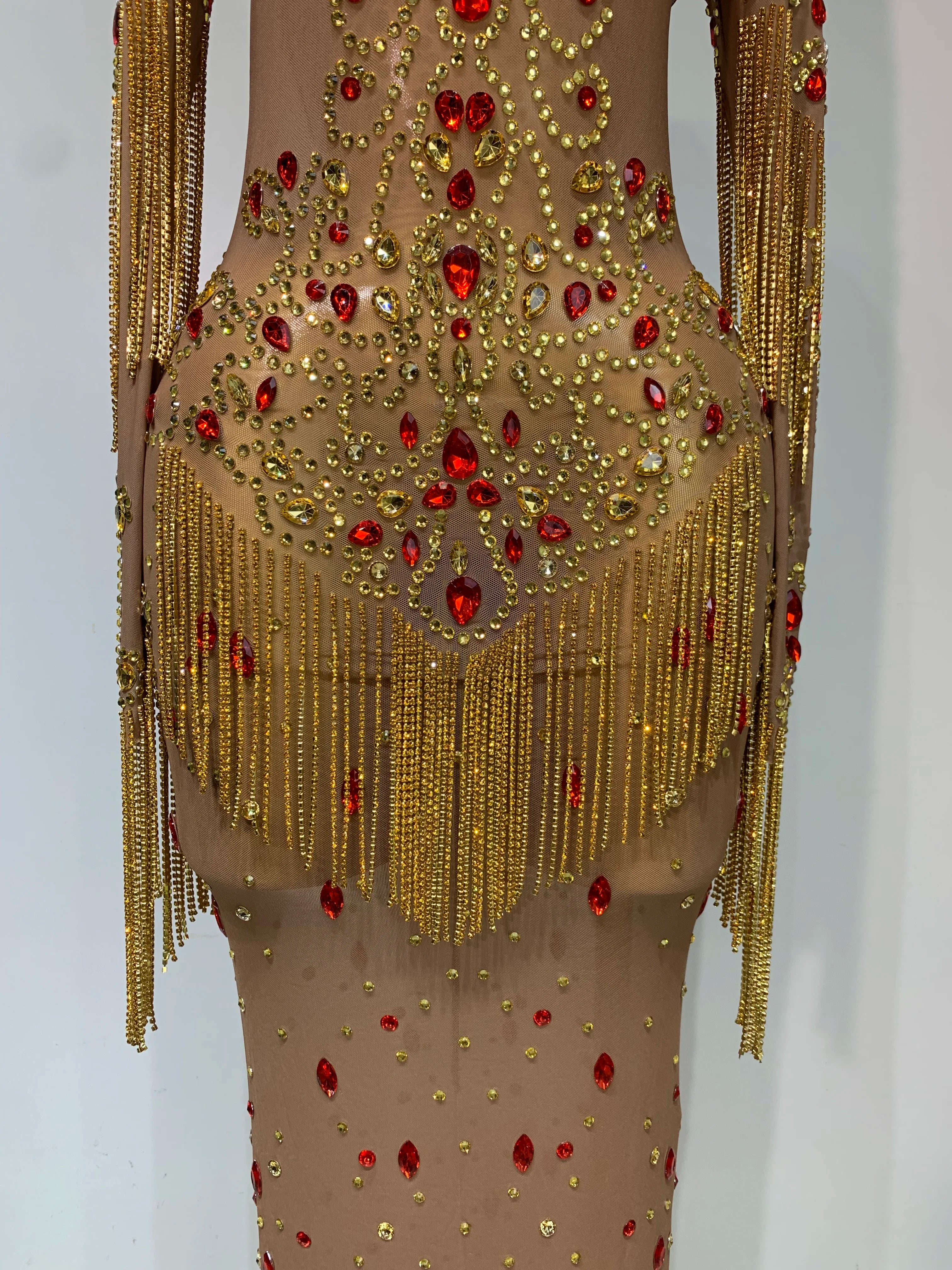 High Quality See Through Elastic Mesh Sparkly Rhinestone Stage Performan Costume Luxury Birthday Evening Party Wedding Dress