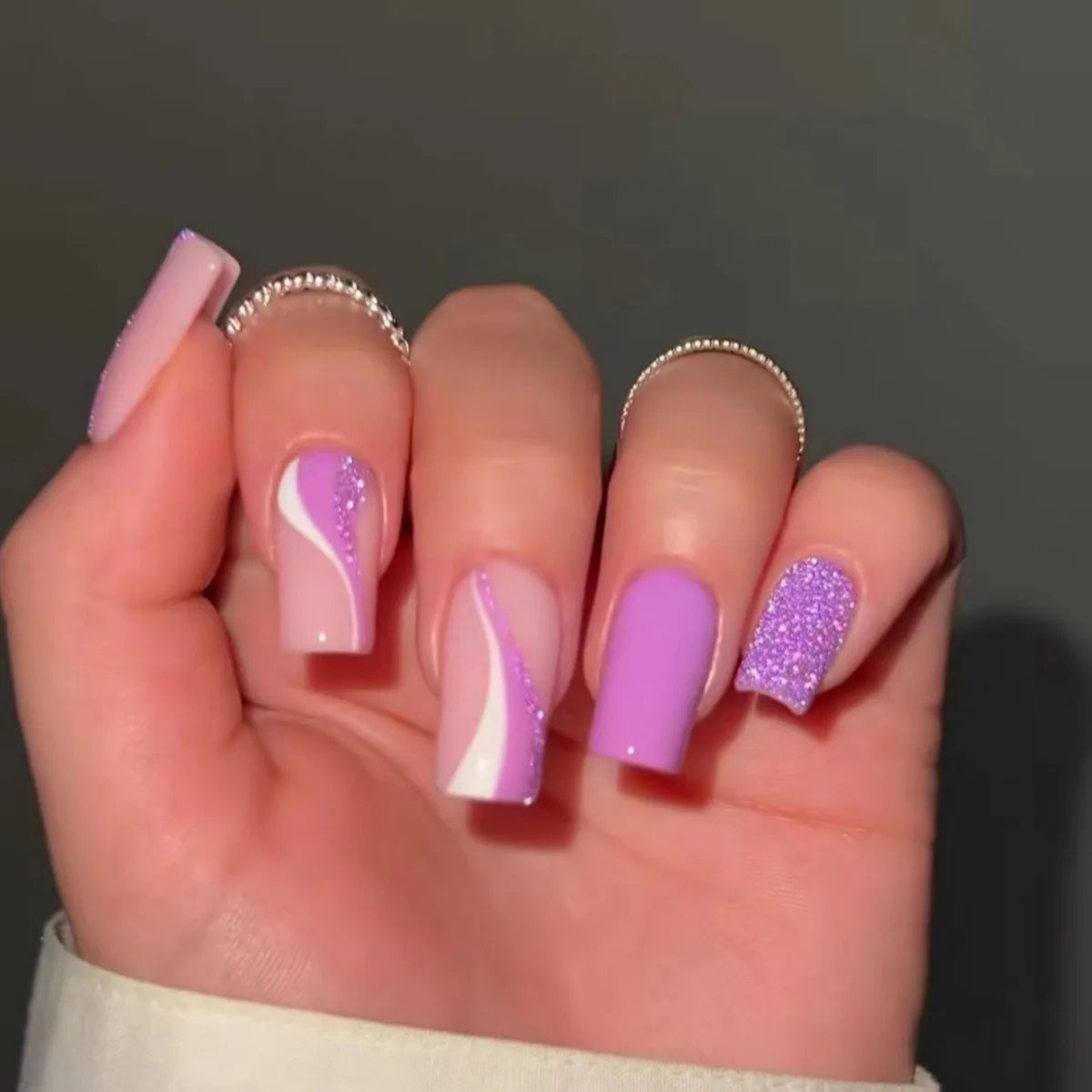 24Pcs Purple Press on Nails Almond White French Fake Nails DIY Artificial Nails Tips for Women Wearable Nail Accessories 2025