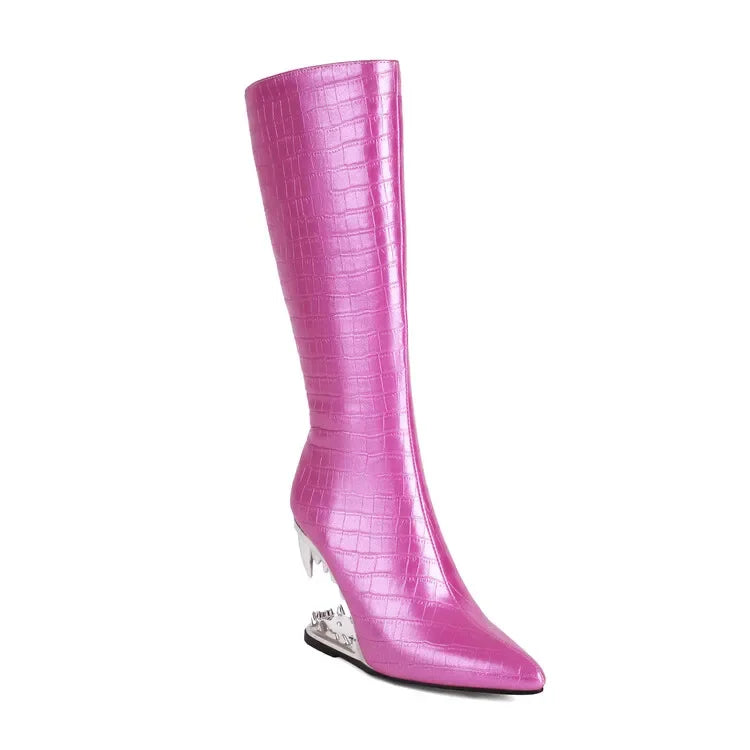 Short Plush 10cm Wolf Teeth Heel Knee Length Boots Back Zipper Pointed Colored Calf Winter Boots Silver Autumn Boots 506-pink Plush-ZIP