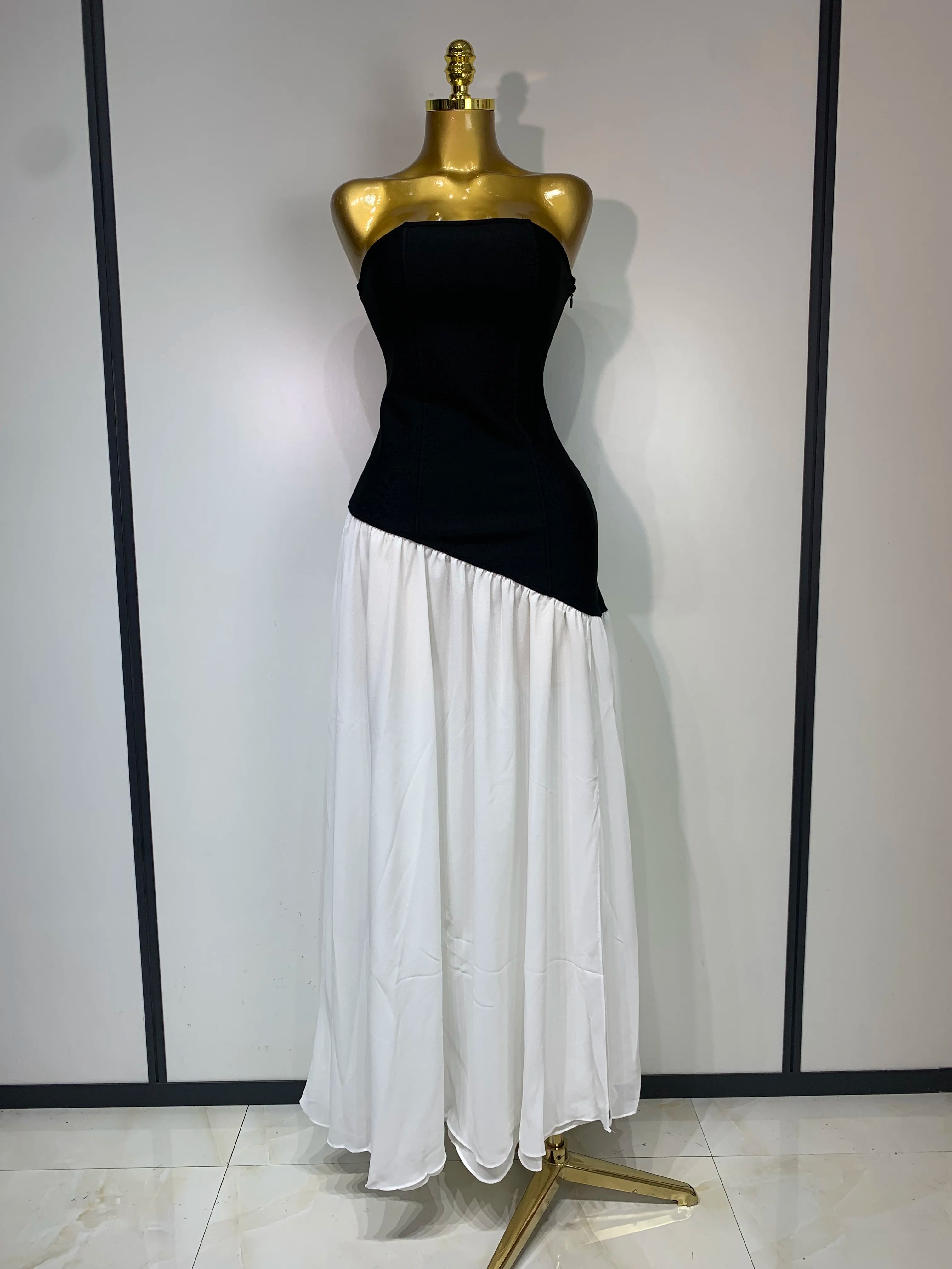 Vestido longo sexy sem alças, patchwork, longo, colado ao corpo, bandagem, 2025, celebridade, elegante, festa noturna, vestido de aniversário de luxo