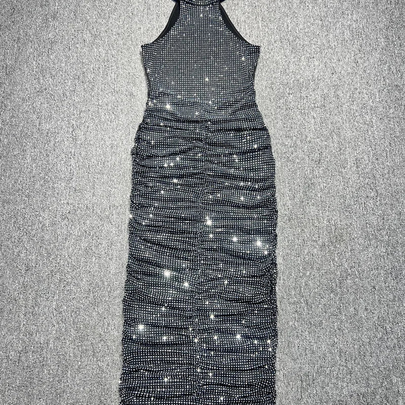 Women Celebrity Sexy Sleeveless Diamonds Backless Ruched Beige Maxi Long Gowns Dress  Elegant Evening Party Club Vestido