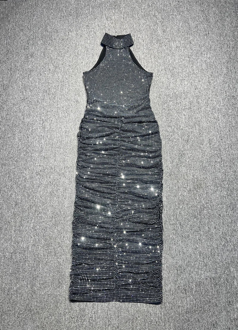 Women Celebrity Sexy Sleeveless Diamonds Backless Ruched Beige Maxi Long Gowns Dress  Elegant Evening Party Club Vestido