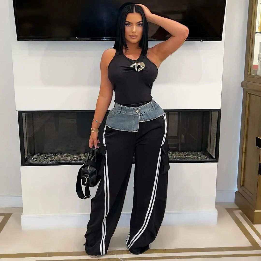 CM.YAYA Fashion Women Denim Patchwork Pocket Side Wide Leg Loose Jogger Pants 2024 Active Jean Splicing Sweatpants Trousers