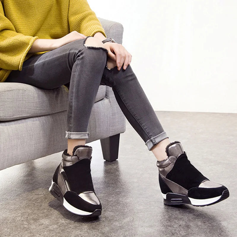 Snow Boots Women Autumn Winter Genuine Leather Warm Shoes Fashion Ladies High Top Sneakers Height Increasing 3cm