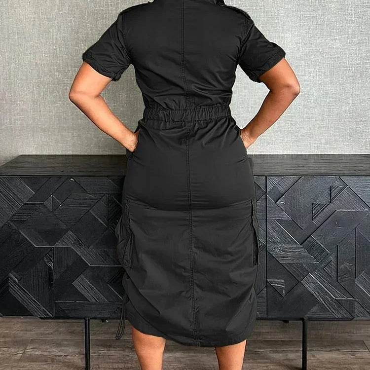 CM.YAYA Women High Waist Short Sleeve Mult Pockets Cargo Midi Dress Streetwear Drawstring Vestidos Party Sexy Evening Dresses
