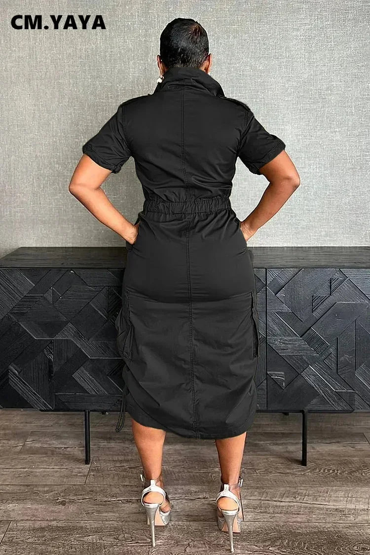 CM.YAYA Women High Waist Short Sleeve Mult Pockets Cargo Midi Dress Streetwear Drawstring Vestidos Party Sexy Evening Dresses