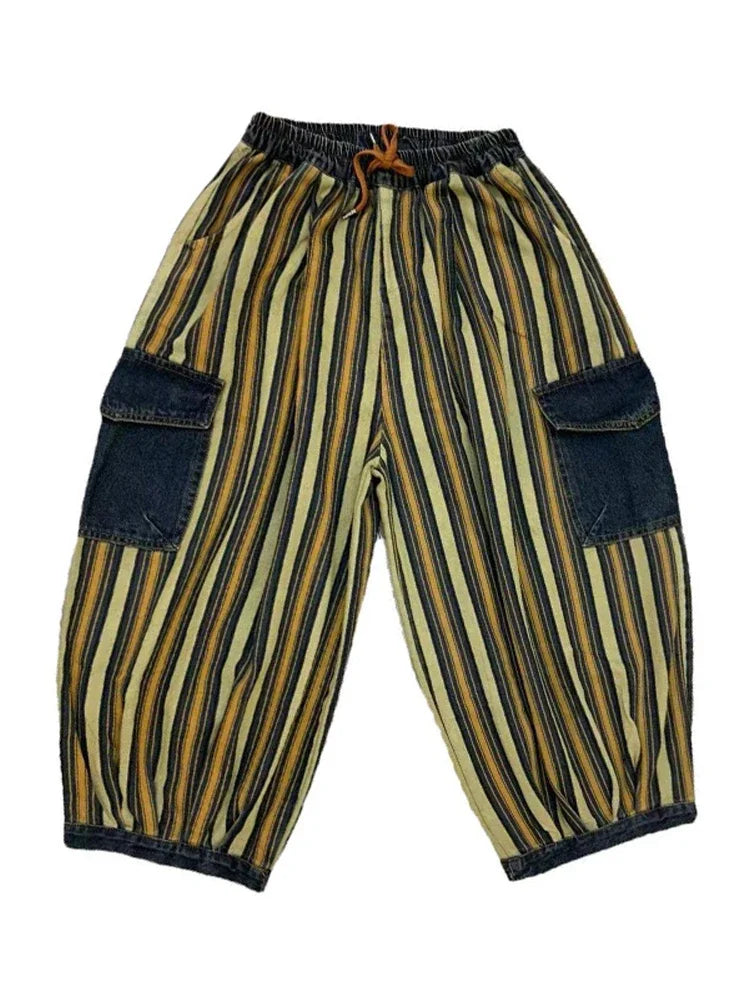 Spring Womens Fashion Striped Denim Wide Leg Pants Ladies Classic Loose Vintage Casual Jeans Females Punk Trousers