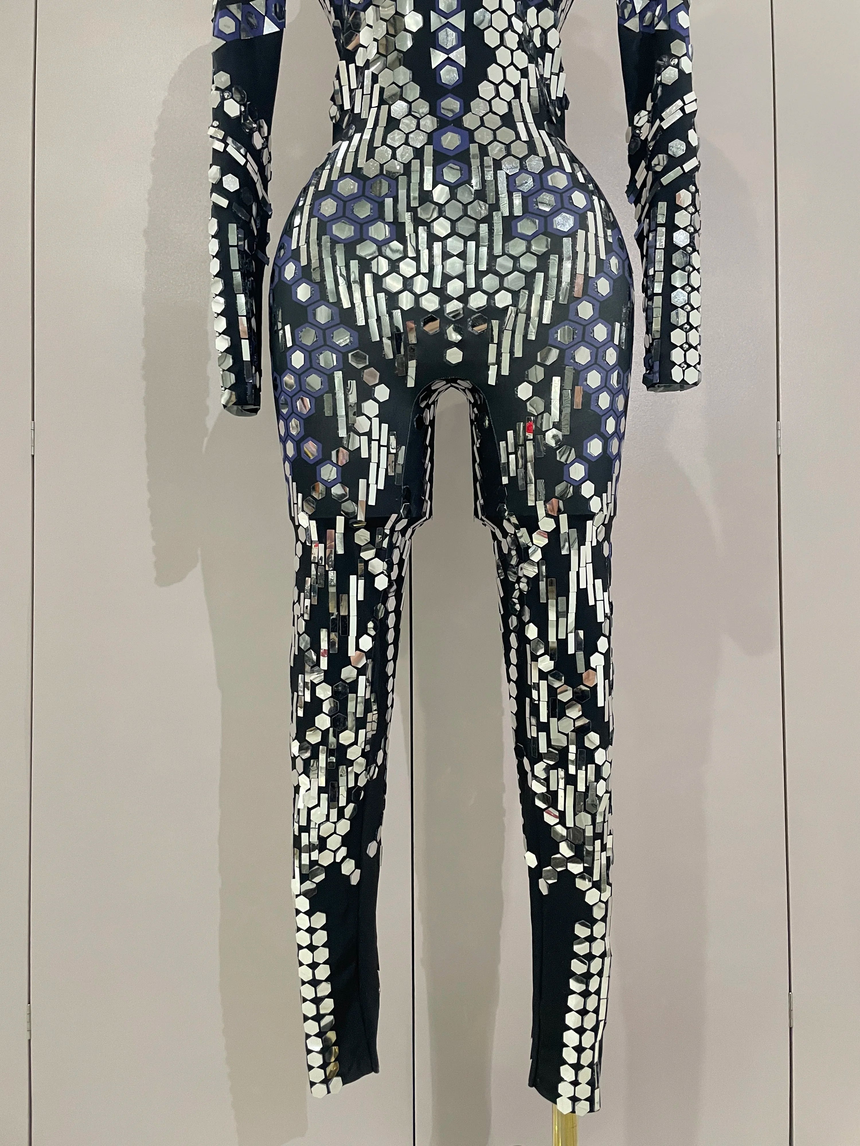 Sexy Shiny Silver Sequins Mirror Black Spandex Jumpsuit 2025 Women Prom Dancer Singer Costume Evening Birthday Show Stage Outfit