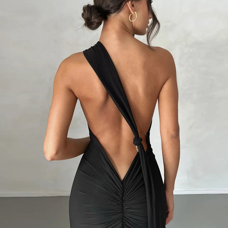 Ladies Night Club Wear Neon Y2K Summer Outfits Women Sleeveless Backless Halter Ruched Bodycon Evening Maxi Dress Birthday Party black