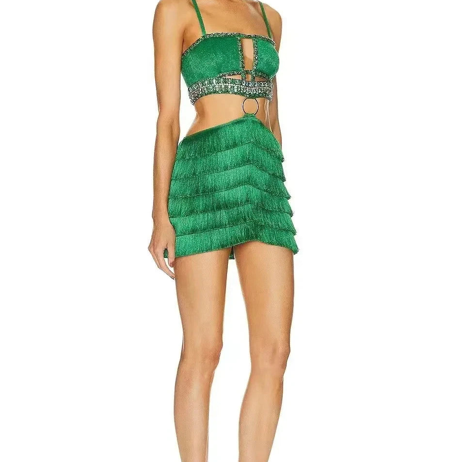 STOCK Stylish Tassel Sexy Hollow Out Spaghetti Strap Mini EvenDress  Summer Holiday Vocation Vestido Music festival Outfit