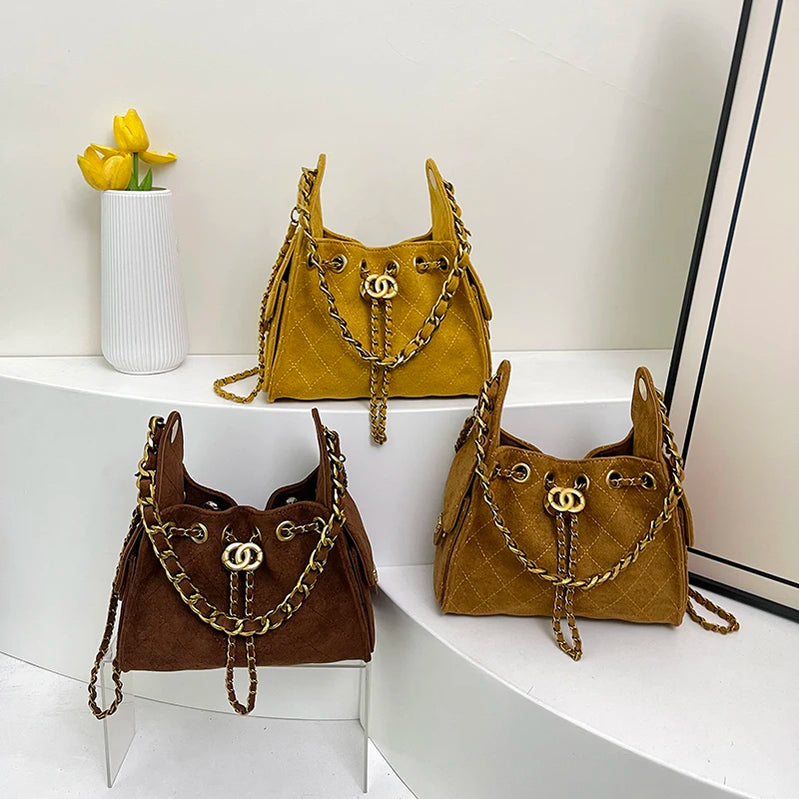 Motorcycle Hottie Rhombus Chain Bag High-End Commuter Shoulder Armpit Bag Retro Suede Crossbody Bag Bucket Bag