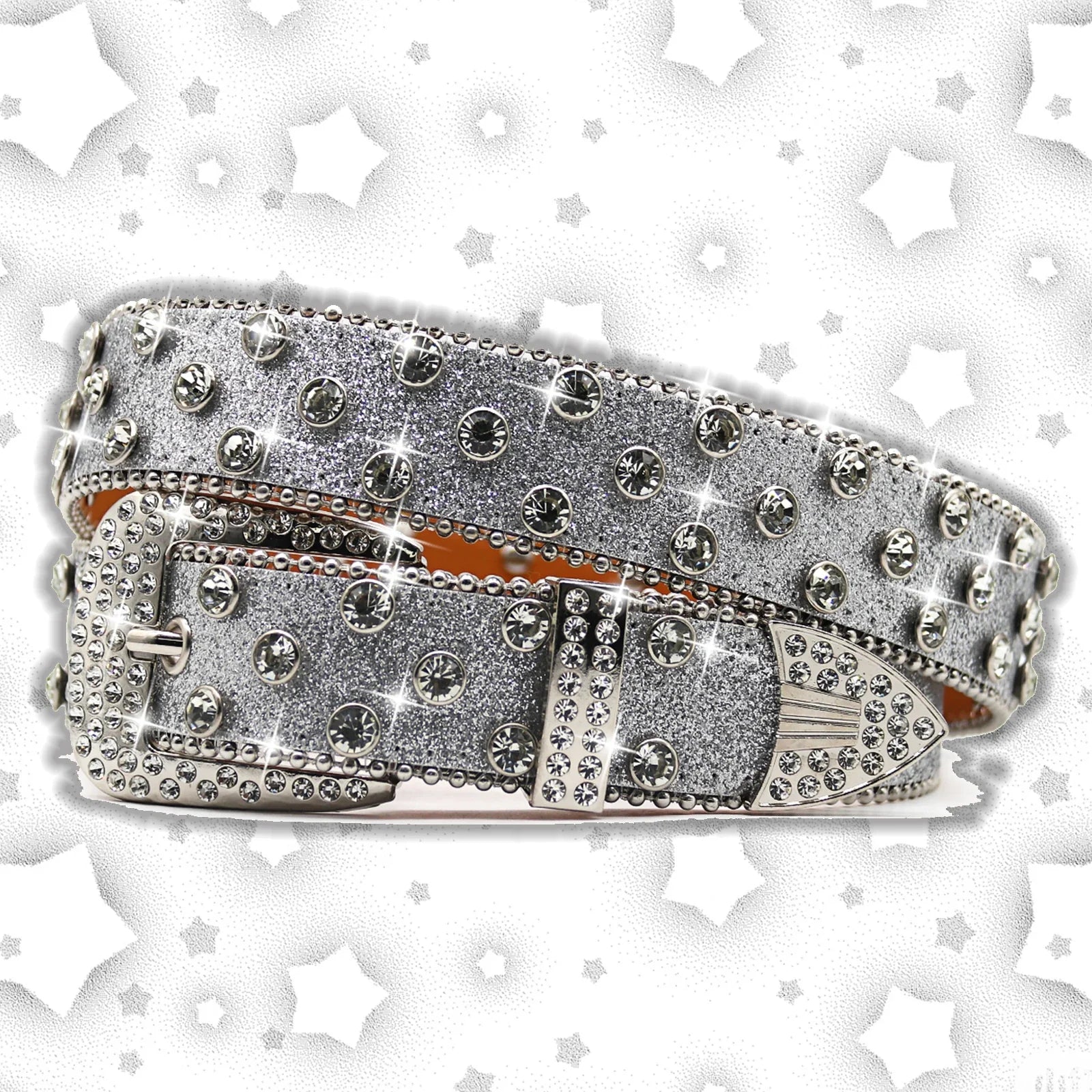 Western Cowgirl Bling Studded Design Leather Diamond Belt Men Women Fashion Dazzling Rhinestone Belt for Jeans Dress Silver