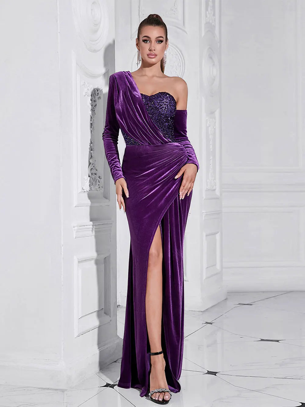 2024 Sexy Women Light Luxury Sparkle Velvet Dress with Diagonal Collar Long Sleeve Draped Bodycon Split Body Long Dress Vestidos