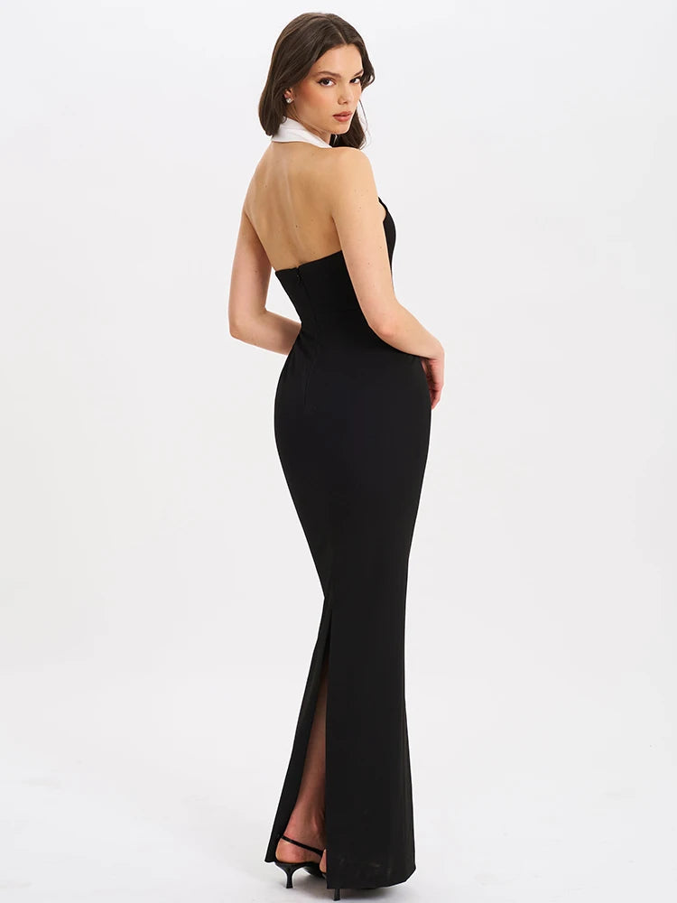 Halter Backless Sexy Maxi Dress For Women Gown Contrast Color Notched Collar Sleeveless Bodycon Club Party Tank Dress