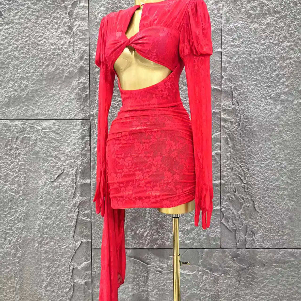 Red Color Christmas Style Women Long Sleeve Sexy Keyholes Bodycon Mini Dress Nightclub Party Celebrate Wedding Outfit