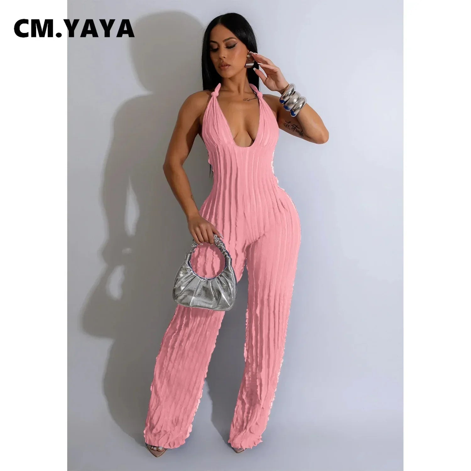 CM.YAYA Fashion Ruffles Women Halter Deep V-neck Backless Wide Leg Jumpsuit 2023 Sleeveless Chic Playsuit One Piece Suit Romper