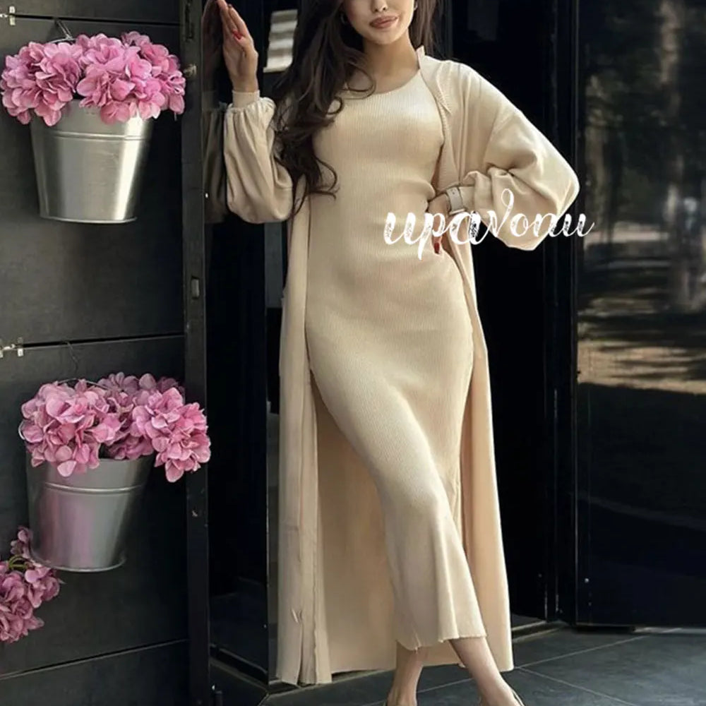 Casual Solid Knitted Sweater Long Dress Set Women Long Sleeve Loose Long Cardigan Coat&Sleeveless Mid length Dress Two Piece Set